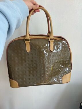 Arcadia Olive Patent Crossbody Satchel with Tan Trim